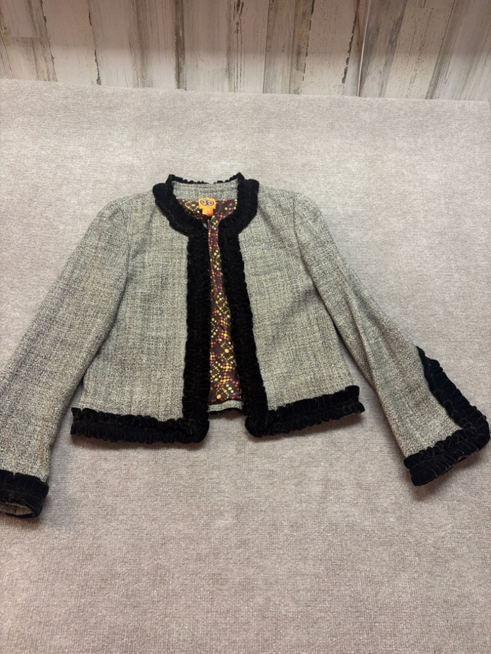 Tory Burch Tweed Cropped Jacket Silk Lined Ruffle Trim Blazer Size 10 0870